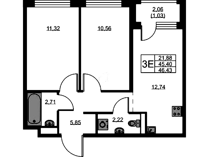 2-комнатная квартира 46.43 м², 3/9 эт., ЖК «GloraX Новоселье»